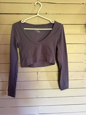 Garage Plum Ribbed V-Neck Long Sleeve Crop Top